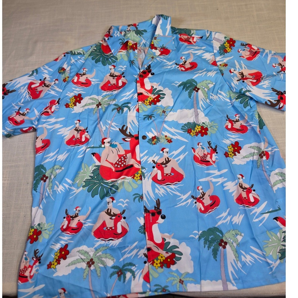 Mens Christmas Santa Reindeer Tropical Aloha Shirt Blue Short Sleeve Large